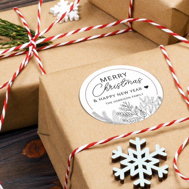 Adesivo Redondo Folhagem de Inverno Natal Personalizado (Winter Greenery Merry Christmas Personalized Classic Round Sticker)