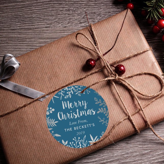 Adesivo Redondo Folhagem de Natal em Folha de Prata Moderna (Criador carregado)