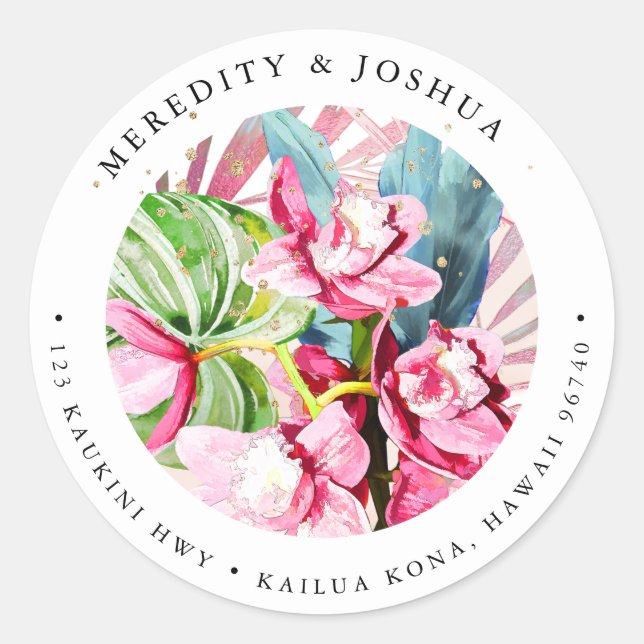 Adesivo Redondo Folhagem de Prata Orquídea de Cymbidium Rosa PixDe (Frente)