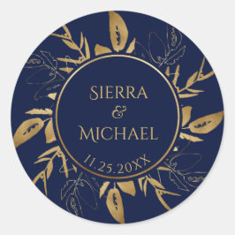 Adesivo Redondo Folhagem do ouro | Casamento Azul-Marinho Dourado 