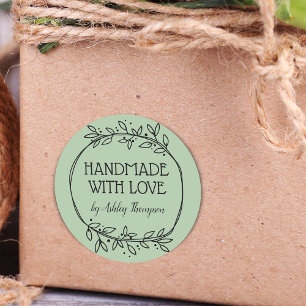 Adesivo Redondo Folhagem Elegante Feita à Mão Com Amor Nome Verde