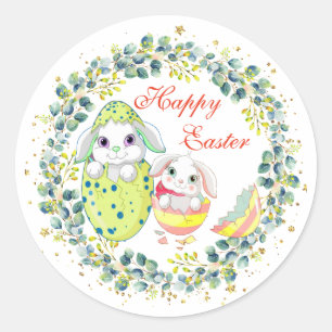 Adesivo Redondo Folhagem felz pascoa Bunny Egg Green Wreath