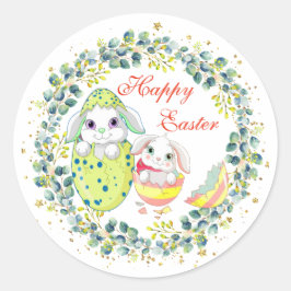 Adesivo Redondo Folhagem felz pascoa Bunny Egg Green Wreath