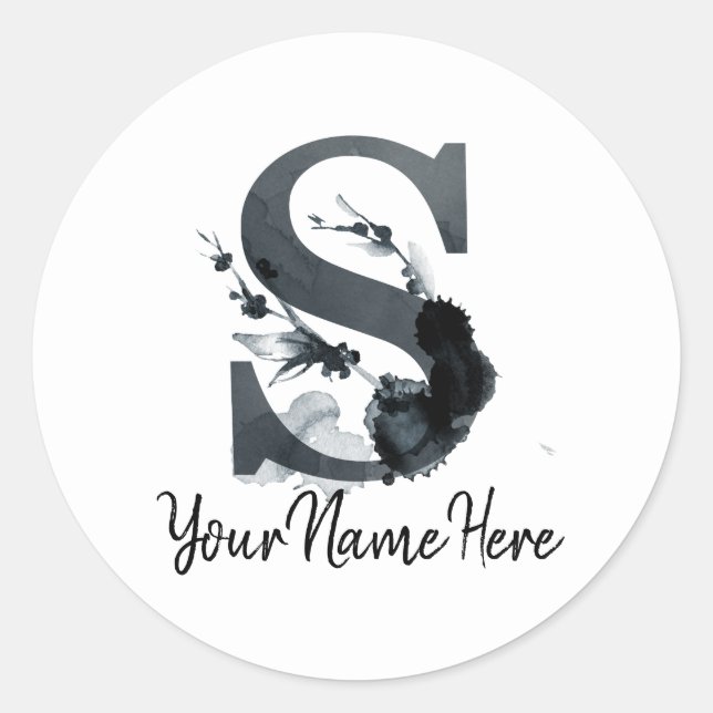 Adesivo Redondo Folhagem Floral Monograma S Dark Herb (Frente)