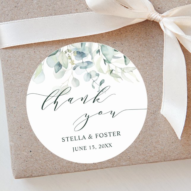 Adesivo Redondo Folhagem Verde de Aquarela Obrigado (Criador carregado)