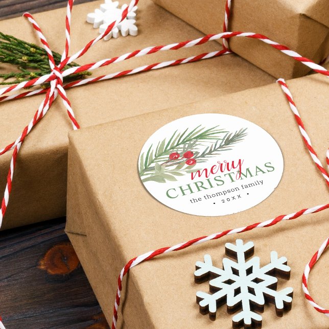 Adesivo Redondo Folhagens Natalinas Festivas (Festive Christmas Greenery Classic Round Sticker)