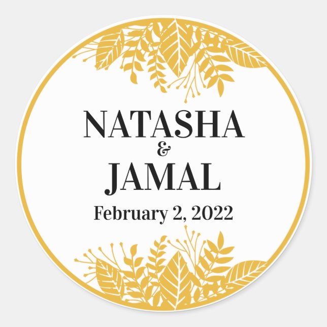 Adesivo Redondo Folhas Amarelas Elegantes de Mostarda (Frente)