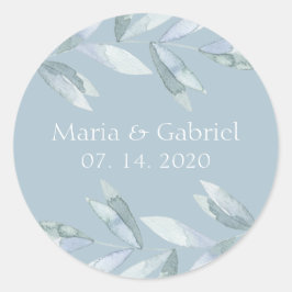 Adesivo Redondo Folhas azuis empoeiradas Casamento personalizado