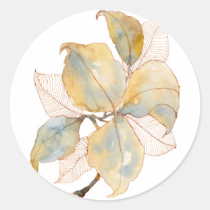 Adesivo Redondo Folhas Botânicas de Aquarela Azul Dourado Suave