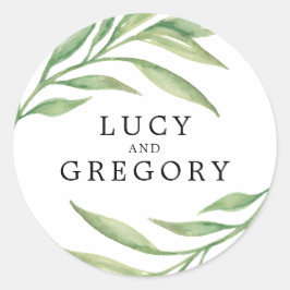 Adesivo Redondo Folhas Botânicas De Aquarela | Favor de Casamento