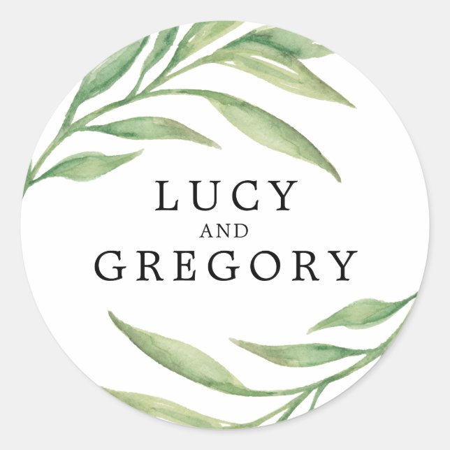 Adesivo Redondo Folhas Botânicas De Aquarela | Favor de Casamento (Frente)
