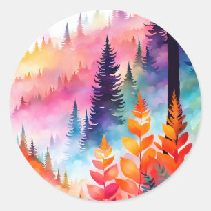 Adesivo Redondo Folhas Coloridas N Árvores da floresta em Montanha
