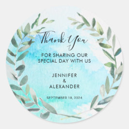 Adesivo Redondo Folhas de Aquarela Casamento Obrigado