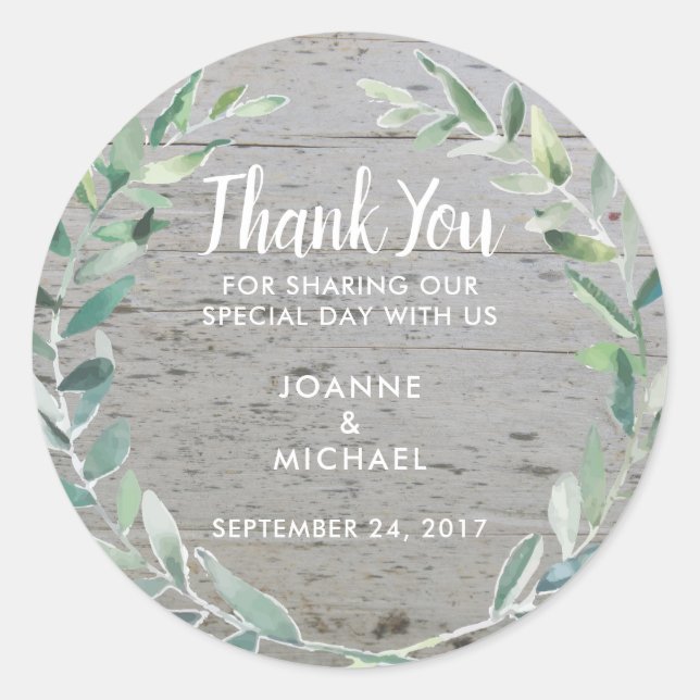 Adesivo Redondo Folhas de Aquarela Casamento Obrigado Favor (Frente)