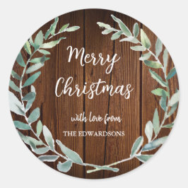 Adesivo Redondo Folhas de aquarela em madeira rústica Feliz Natal