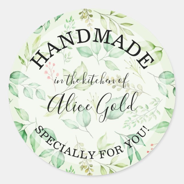 Adesivo Redondo Folhas de Aquarela FEITAS À MÃO para Você | Presen (Frente)