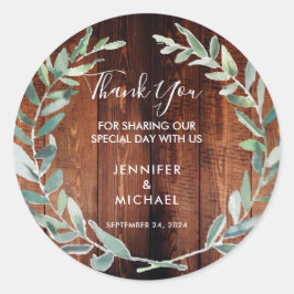 Adesivo Redondo Folhas de aquarela madeira Casamento Obrigado Por