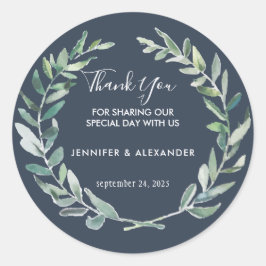 Adesivo Redondo Folhas de aquarela madeira Casamento Obrigado Por
