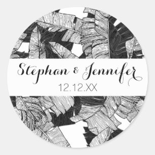 Adesivo Redondo Folhas de Banana Tropical Branca e Negra Moderna