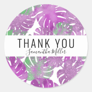 Adesivo Redondo Folhas de monstera tropical roxa moderna