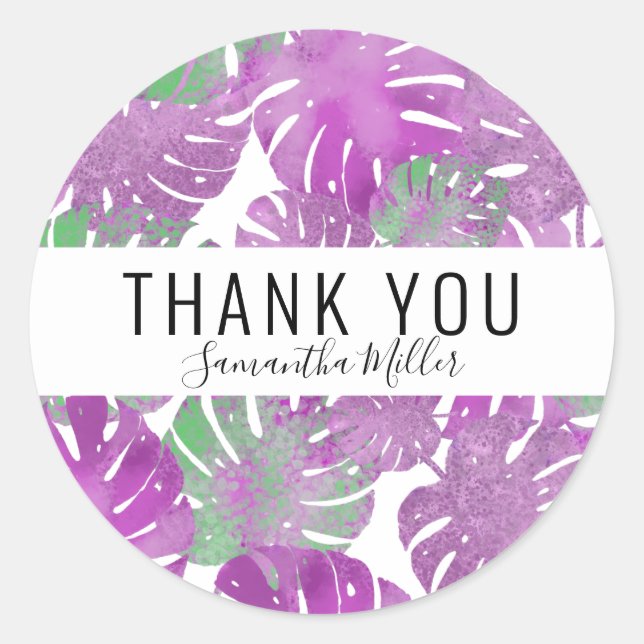 Adesivo Redondo Folhas de monstera tropical verde-roxa moderna (Frente)