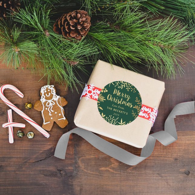 Adesivo Redondo Folhas de Natal em Folha de Ouro Moderna (Criador carregado)