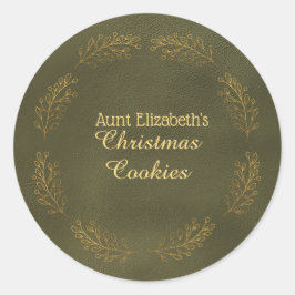 Adesivo Redondo Folhas de Ouro Elegantes Biscoitos Verdes de Natal