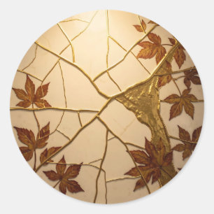 Adesivo Redondo Folhas de Outono em Mármore Dourado Kintsugi