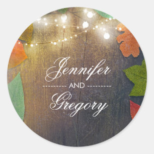 Adesivo Redondo Folhas de outono russas e Casamento de Madeira