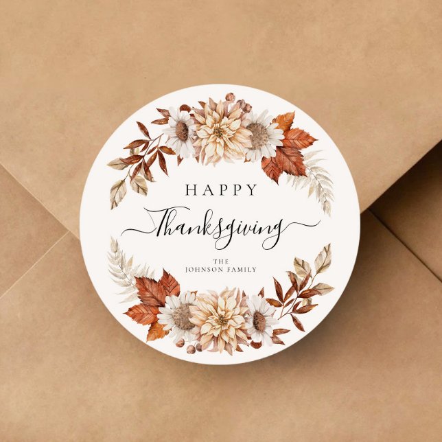 Adesivo Redondo Folhas de Outono Rústicas Feliz Dia de Ação de Gra (Rustic Fall Leaves Happy Thanksgiving Classic Round Sticker)