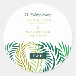 Adesivo Redondo Folhas de Palma Tropicais, Casamento de Praia