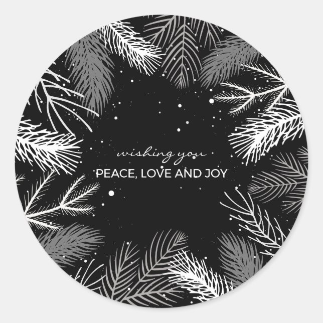 Adesivo Redondo Folhas de pinheiro preto e branco com neve (Frente)
