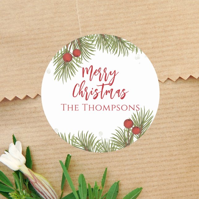 Adesivo Redondo Folhas de Pinheiro Simples Red Holly Berries (Elegant watercolor Merry Christmas holiday holly berries Sticker. )