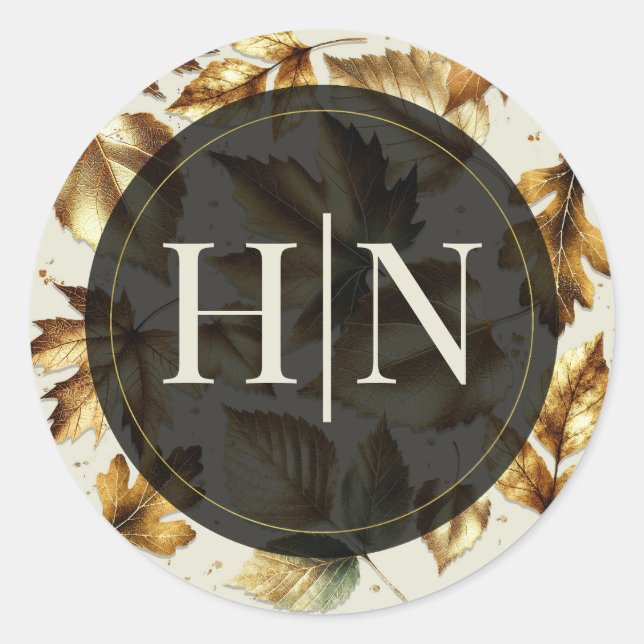 Adesivo Redondo Folhas Douradas Bege Creme Amendoado Preto Casamen (Frente)