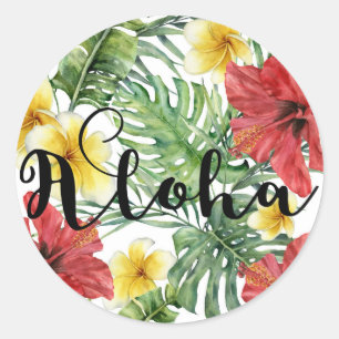 Adesivo Redondo Folhas e Flores Botânicas Tropicais Floral Aloha