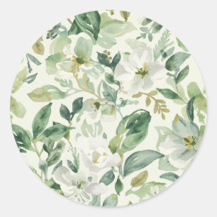 Adesivo Redondo Folhas Florais de Aquarela Verde Botânica Natureza