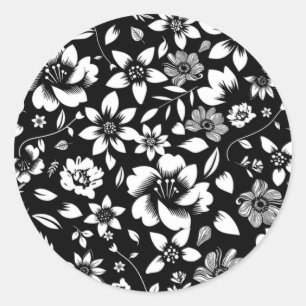 Adesivo Redondo Folhas Florais Modernas Preto Branco Sopro