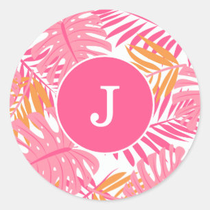 Adesivo Redondo Folhas tropicais cor-de-rosa Monogrammed
