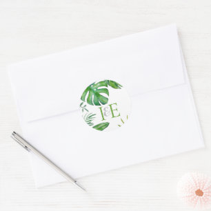 Adesivo Redondo Folhas Tropicais de Monstera Verde Aquarela Envio