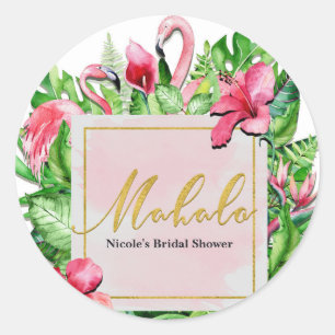 Adesivo Redondo Folhas Tropicais Flamingos Mahalo Festa de Agradec