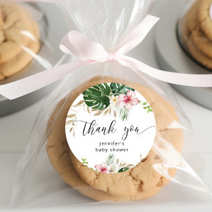 Adesivo Redondo Folhas tropicais monstera menina chá de bebê