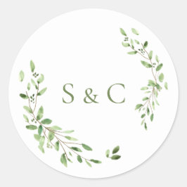 Adesivo Redondo Folhas verdes Wreath Monograma Casamento
