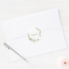 Adesivo Redondo Folhas verdes Wreath Monograma Casamento