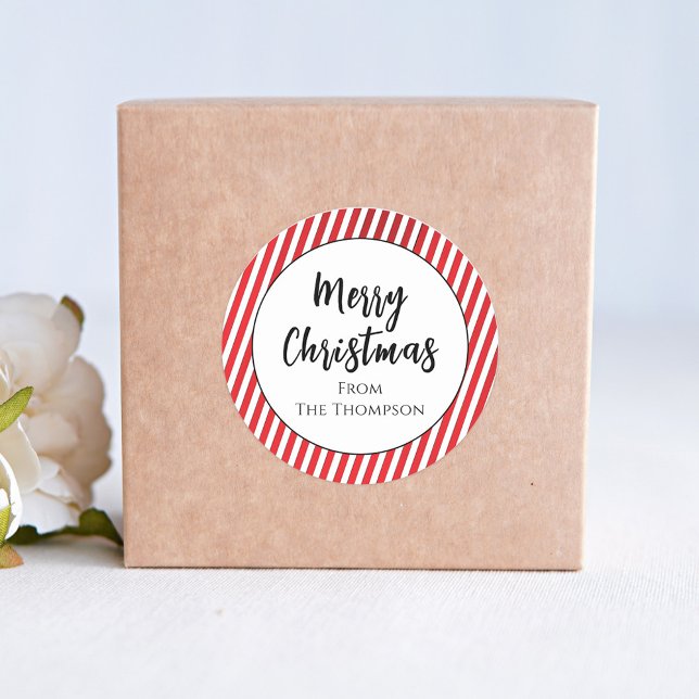Adesivo Redondo Folheto de Natal - Colagem de Fotos Simples (Merry Christmas cute candy cane stripes sticker with calligraphy script. )
