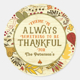 Adesivo Redondo Folhetos De Outono Sempre Agradecidos Sobre Madeir