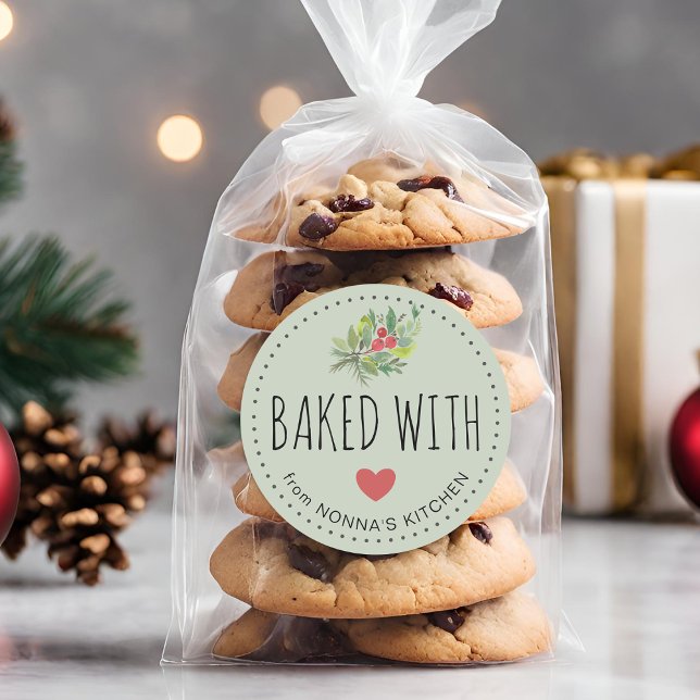 Adesivo Redondo Folia de Natal com Verduras Assadas com Amor (Festive Holiday Greenery Baked With Love Classic Round Sticker)