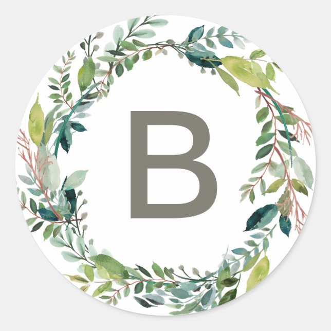 Adesivo Redondo Foliage Wreath Monograma Envelope de Casamento (Frente)