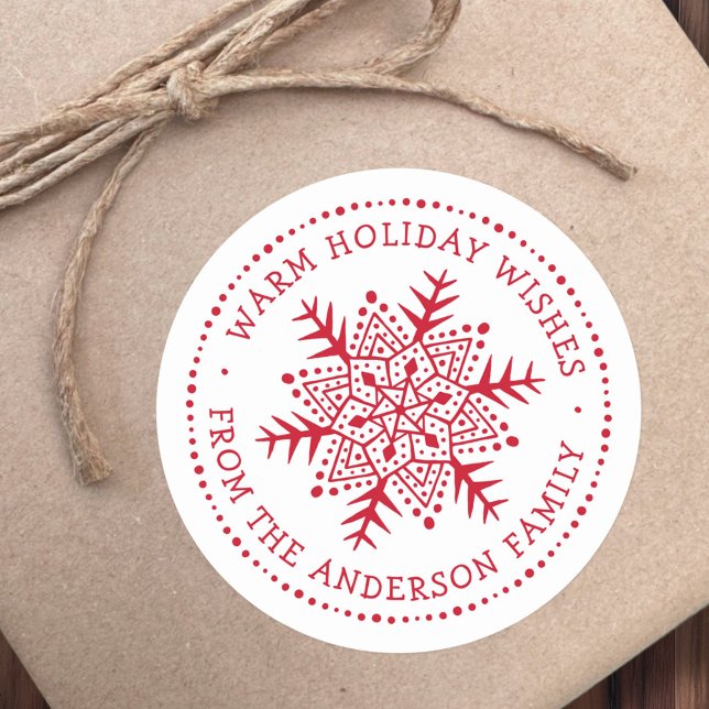 Adesivo Redondo Folk art snowflake quente inverno deseja vermelho  (Folk art snowflake warm winter wishes white red classic round sticker)