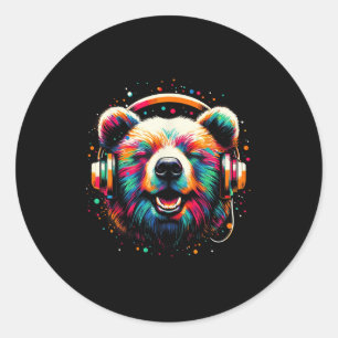 Adesivo Redondo Fone de ouvido do legal Urso Música Arte Aniversár