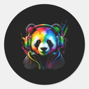 Adesivo Redondo Fones de ouvido Rainbow Dj Panda Música
